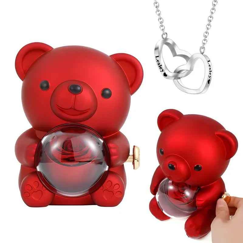 Eternal Rose Bear Gift Box - Engraved Necklace & Real Rose - RIYOVA Jewelry