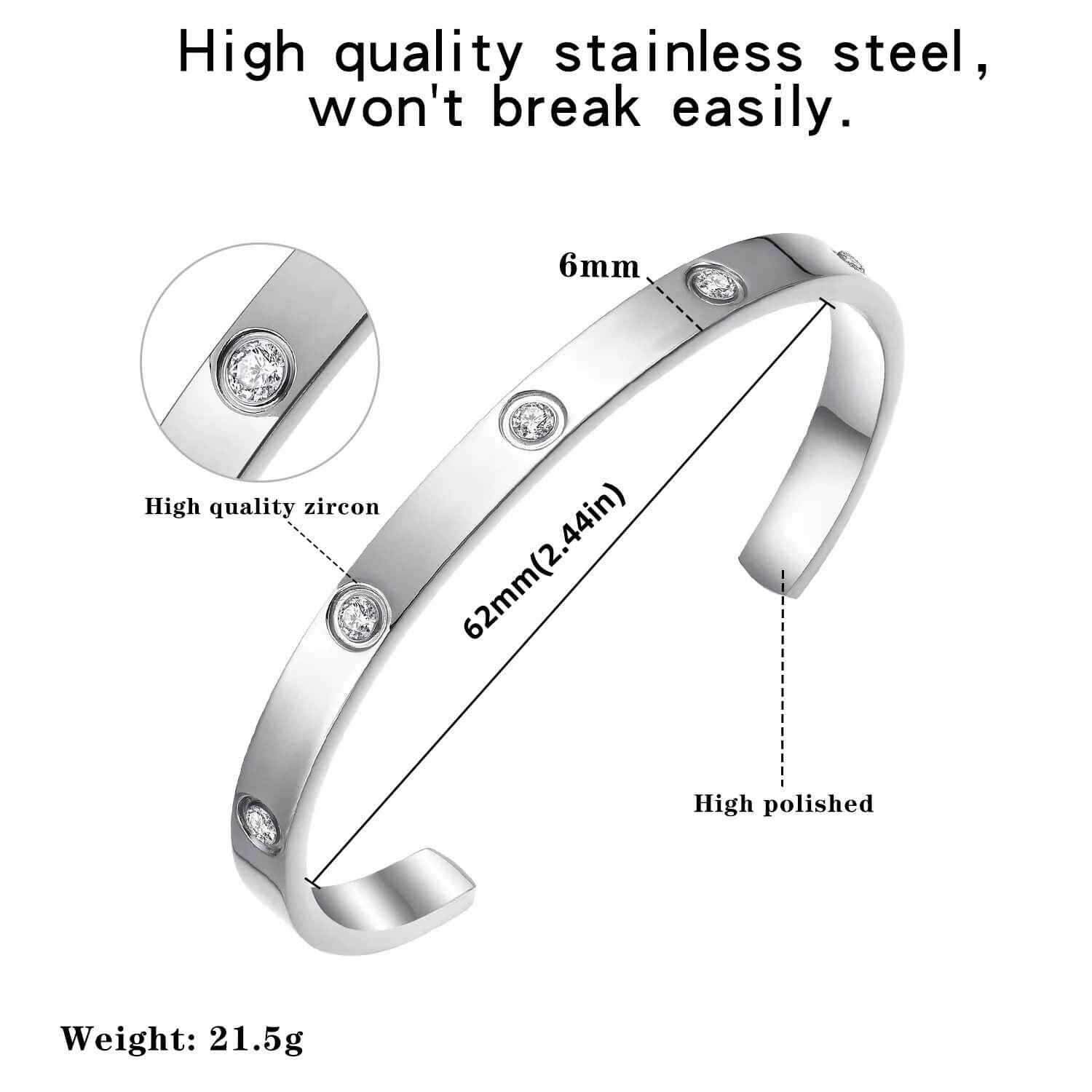 Silver cuff bracelet with zirconia, 62mm diameter and 6mm width, highlighting its high-polished stainless steel construction.