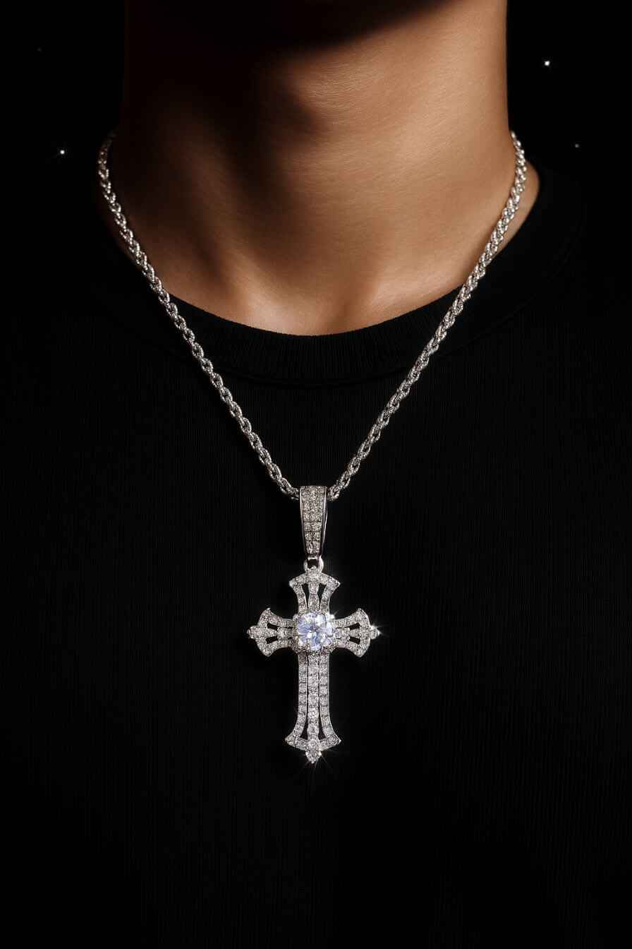 Silver cross necklace with clear stones on a black background