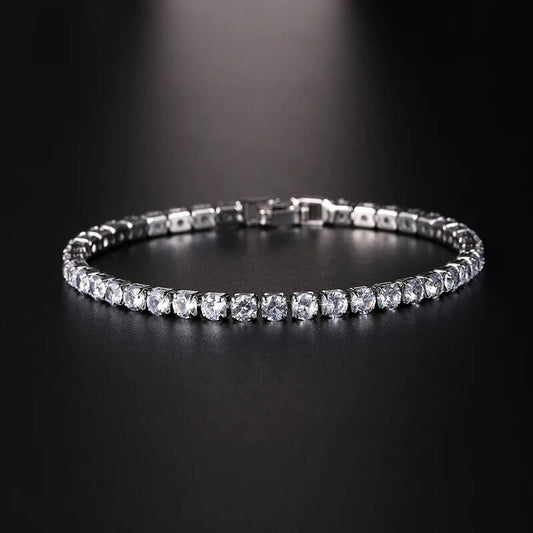 Front view of silver iced out tennis bracelet with clear zirconia stones, perfect for bold hip hop fashion statements.
