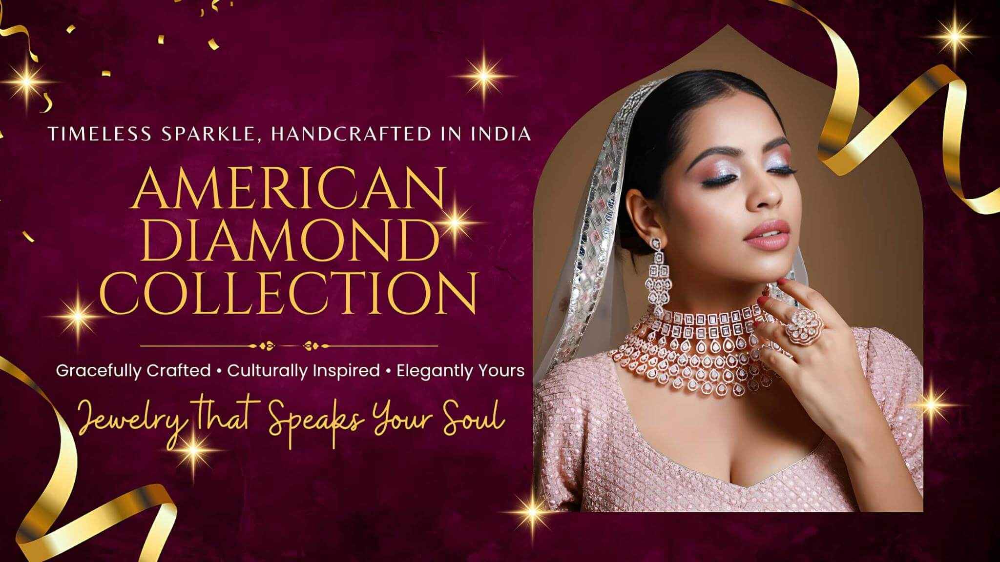 Advertisement for American Diamond Collection jewelry with a model wearing jewelry on a purple background.