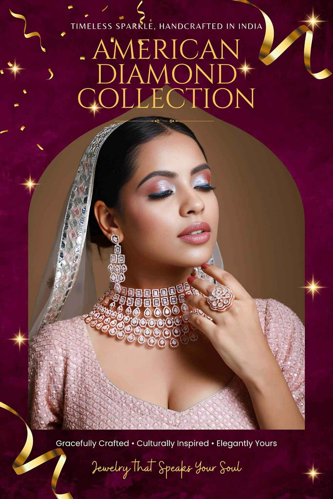 Advertisement for American Diamond Collection jewelry featuring a woman wearing diamond jewelry on a purple background.