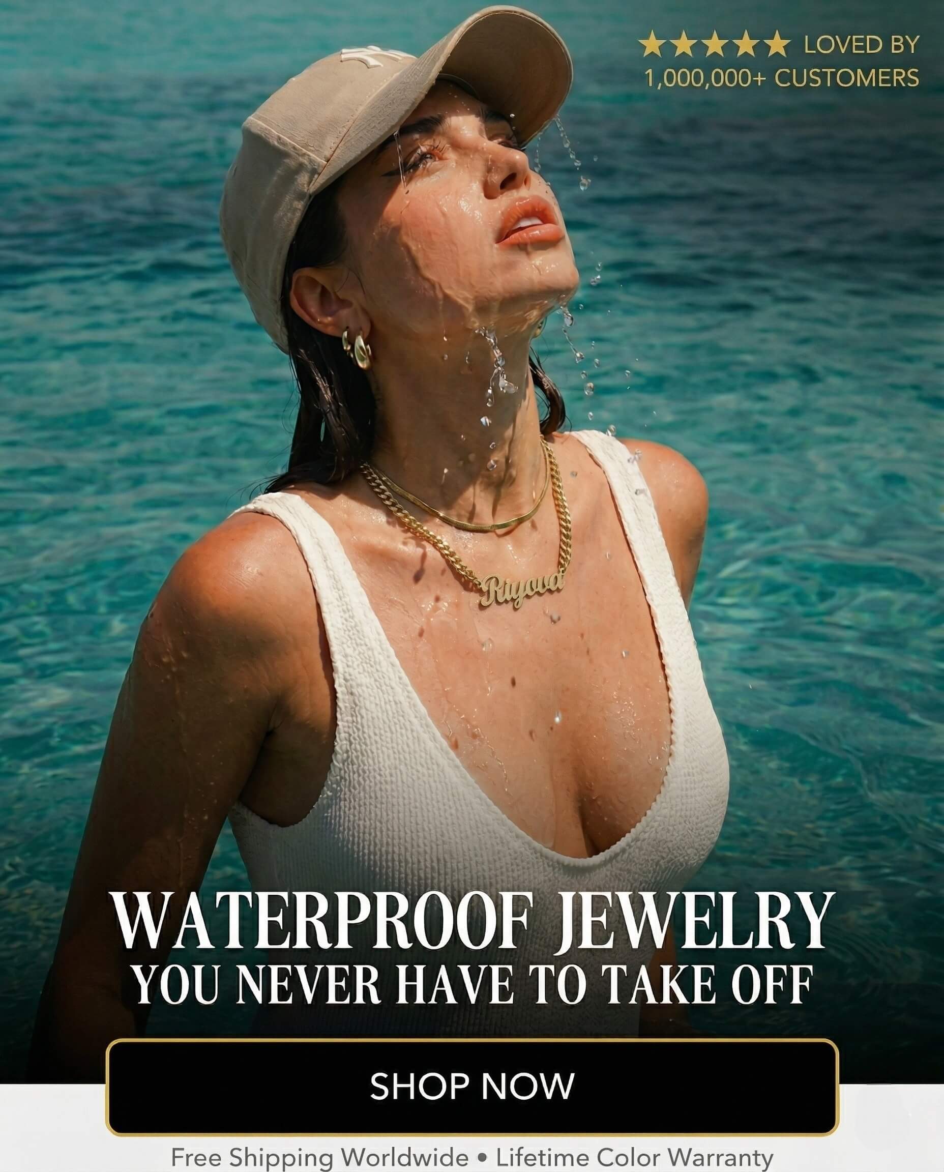 Woman with waterproof jewelry against a blue water background, with promotional text overlay.