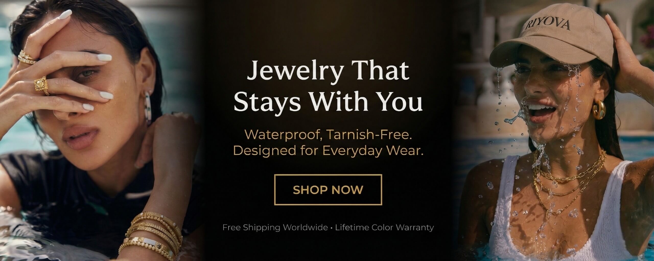 Advertisement for waterproof jewelry with two women wearing jewelry in an outdoor setting.