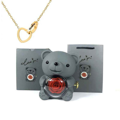 Eternal Rose Bear Gift Box - Engraved Necklace & Real Rose - RIYOVA Jewelry