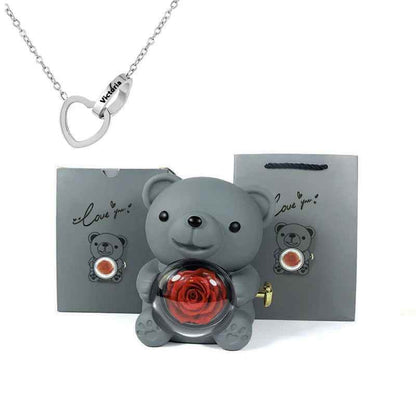 Eternal Rose Bear Gift Box - Engraved Necklace & Real Rose - RIYOVA Jewelry