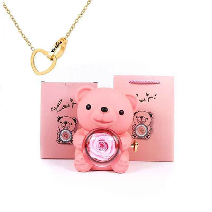 Eternal Rose Bear Gift Box - Engraved Necklace & Real Rose - RIYOVA Jewelry