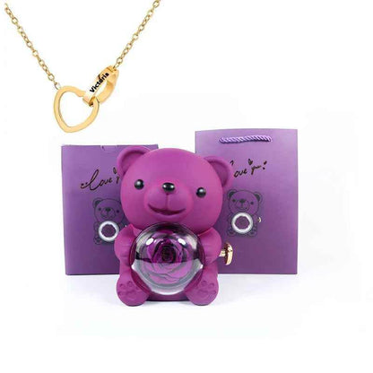 Eternal Rose Bear Gift Box - Engraved Necklace & Real Rose - RIYOVA Jewelry