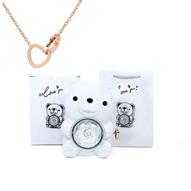 Eternal Rose Bear Gift Box - Engraved Necklace & Real Rose - RIYOVA Jewelry
